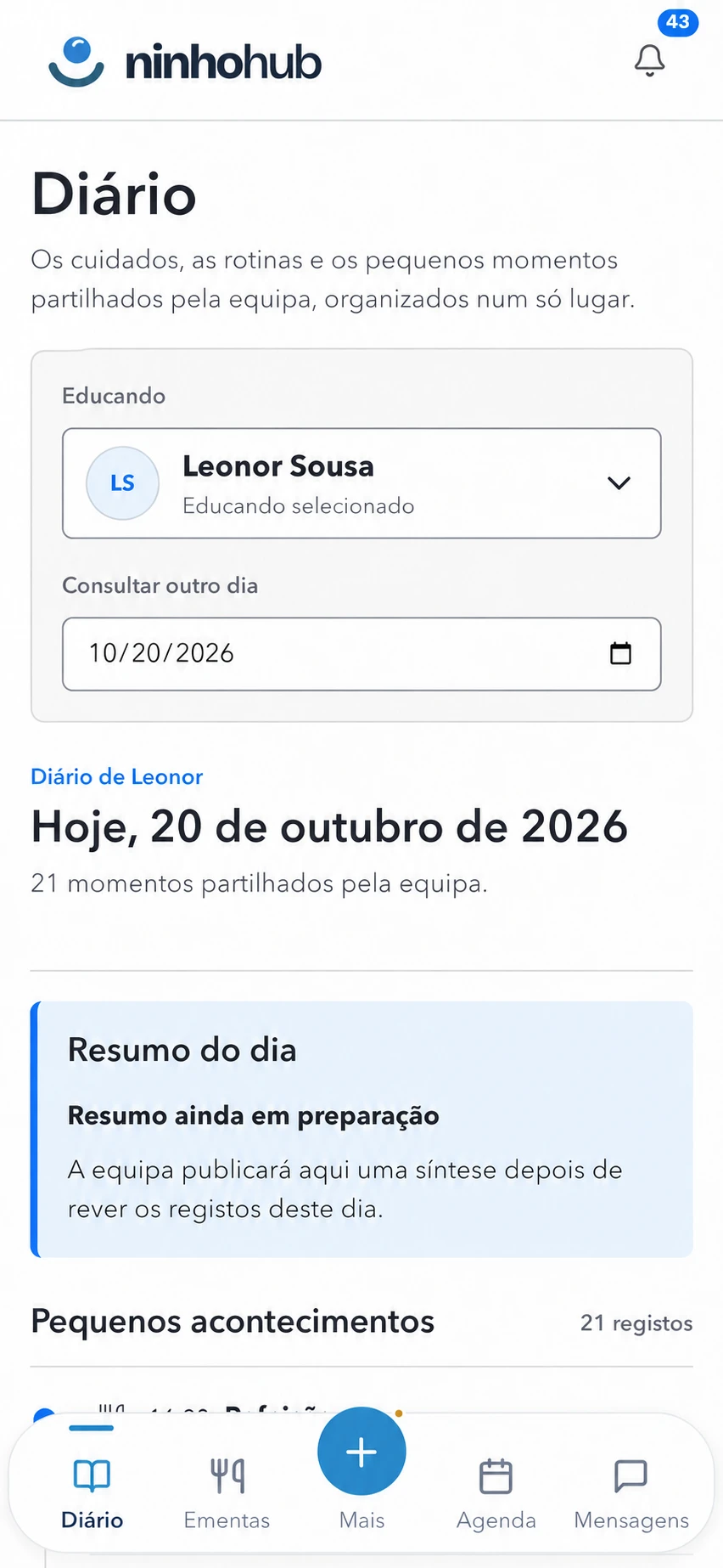Webapp das famílias com o diário de uma criança e o resumo do dia