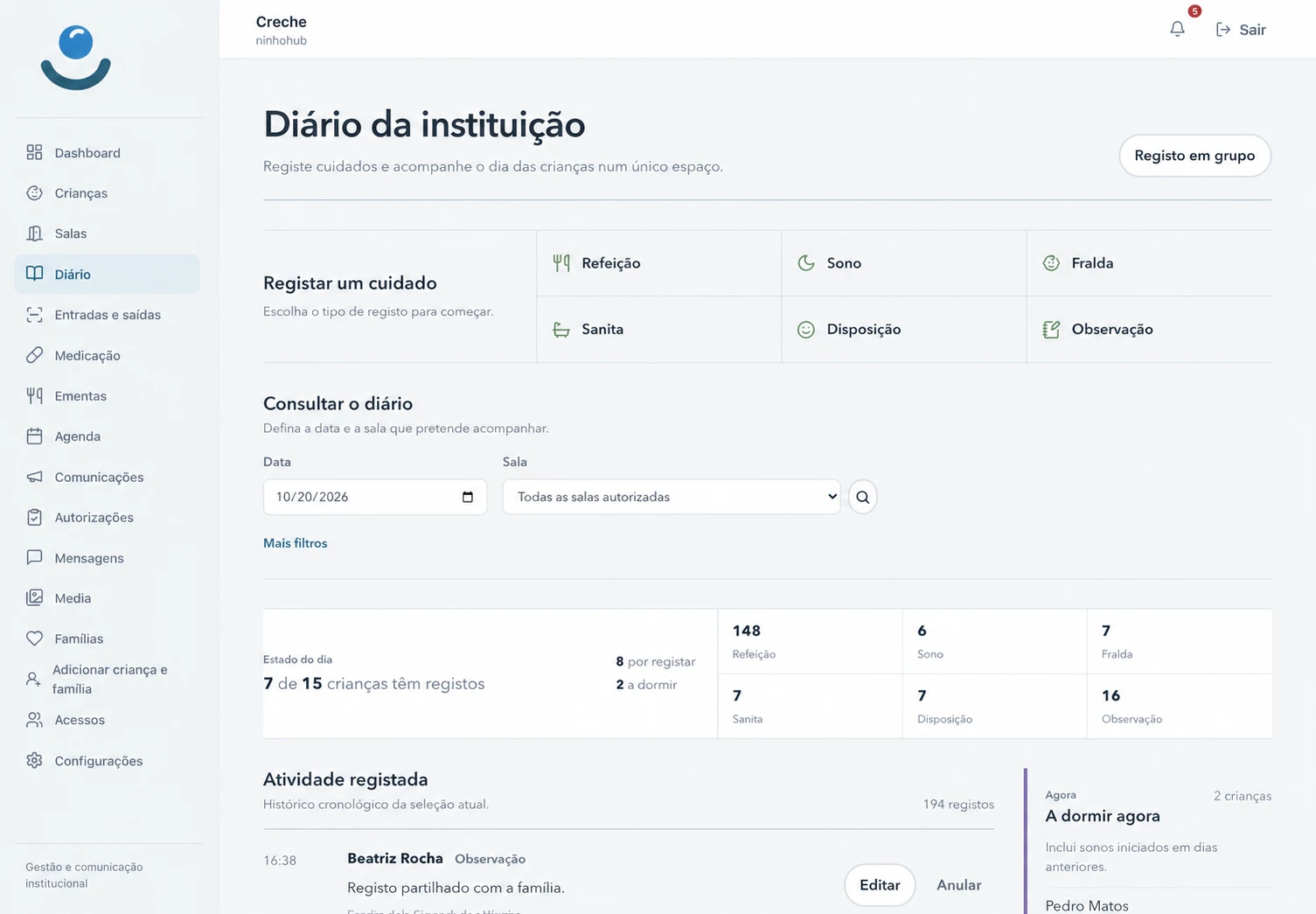 Diário da instituição onde a equipa regista refeições, sono, higiene e observações